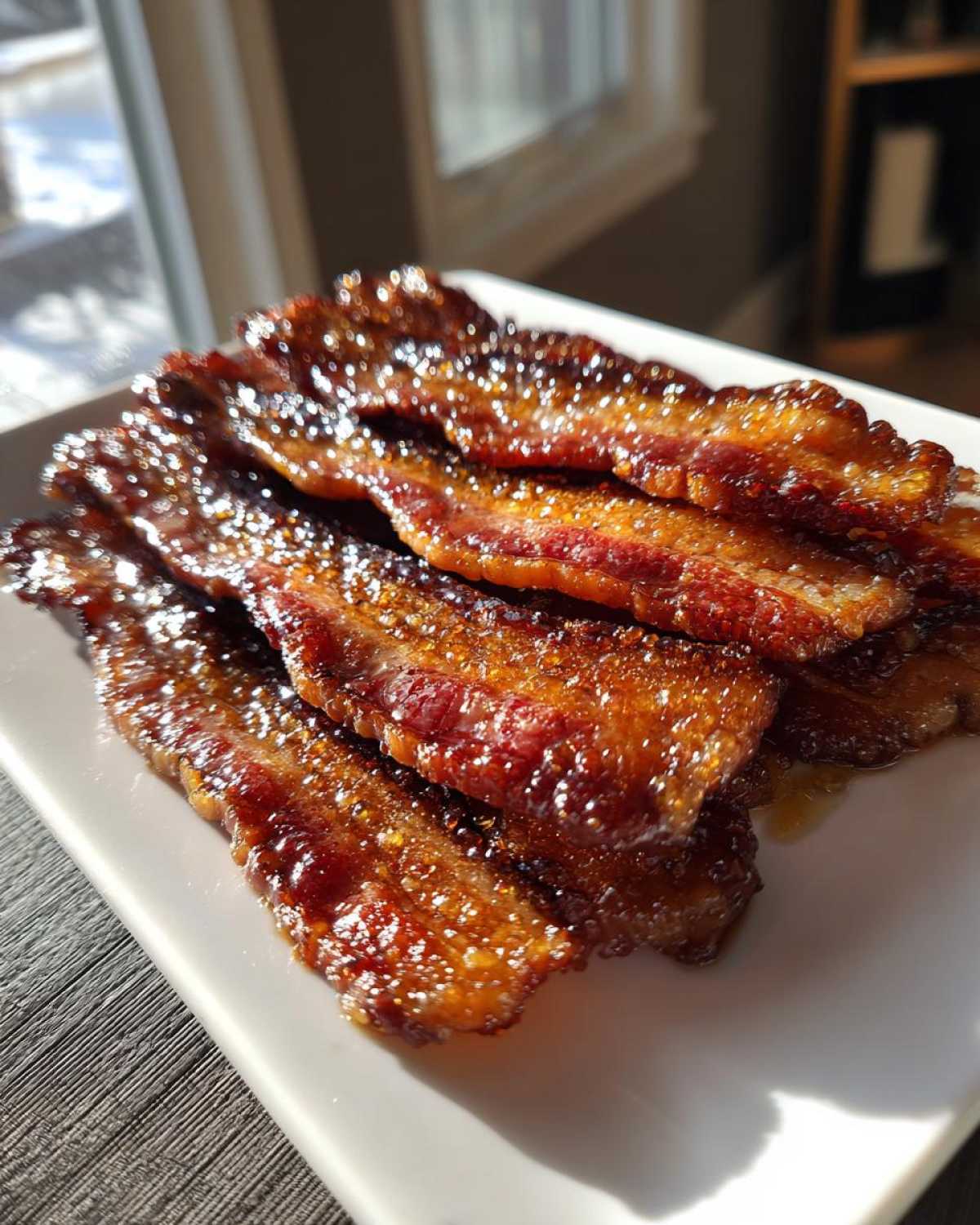 Several strips of glistening Brown Sugar Glazed Bacon piled on a white rectangular plate.