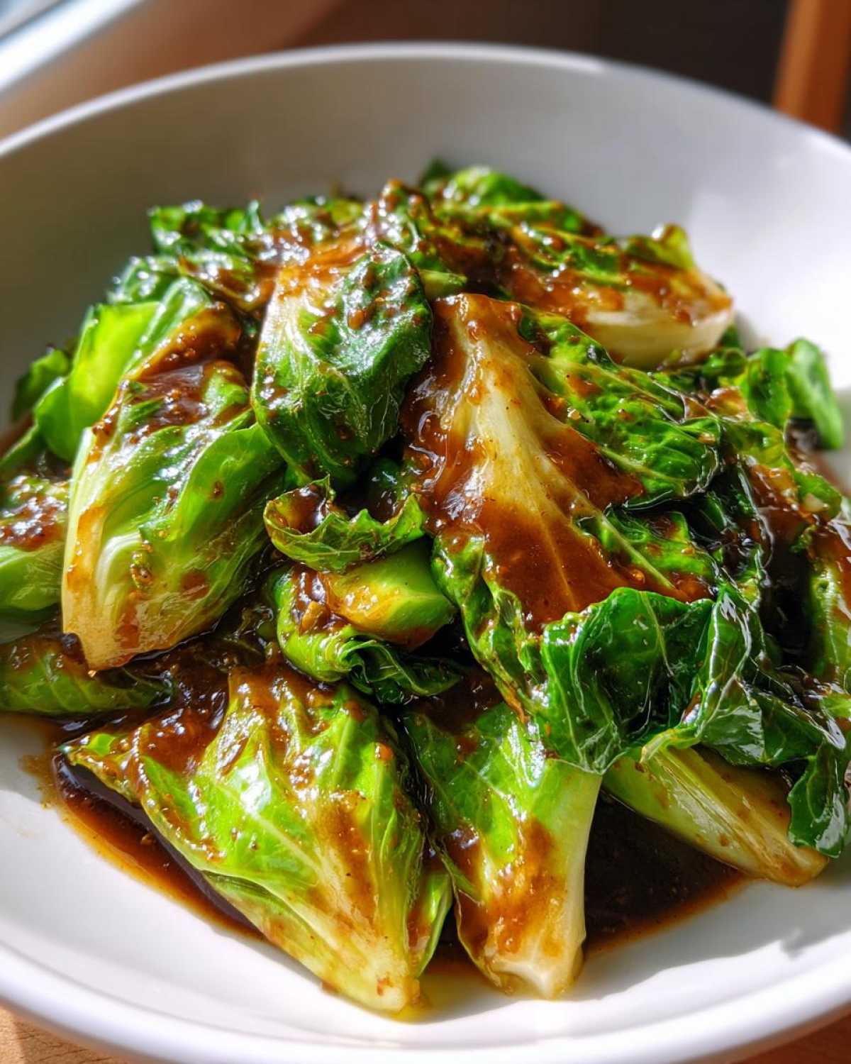 Close-up of bright green cabbage wedges coated in a rich Garlic Ginger Sauce, ready for Cabbage Stir Fry.
