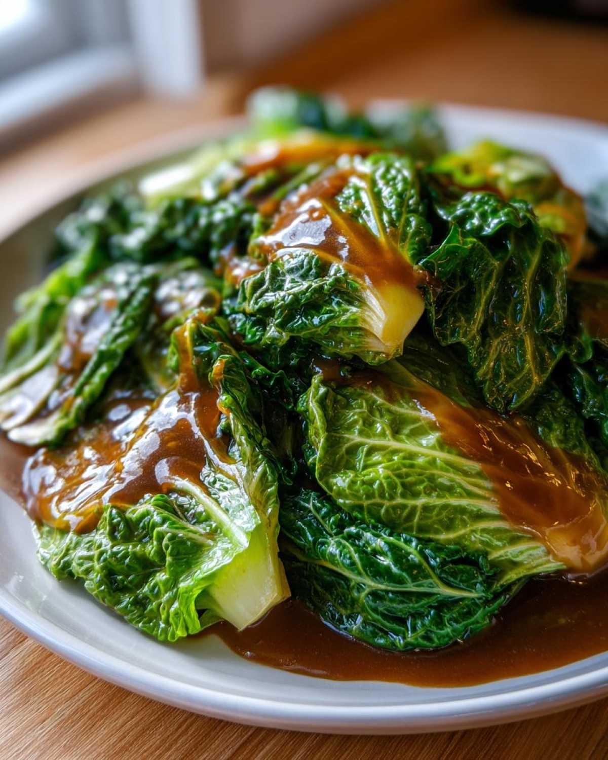 Close-up of vibrant green cabbage wedges smothered in rich Garlic Ginger Sauce for Cabbage Stir Fry.
