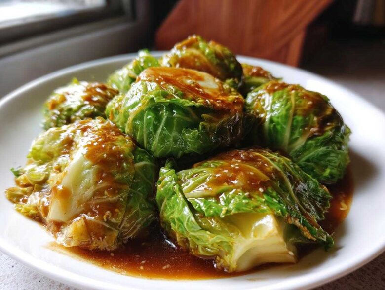 Steamed cabbage rolls covered in a rich garlic ginger sauce, served on a white plate.