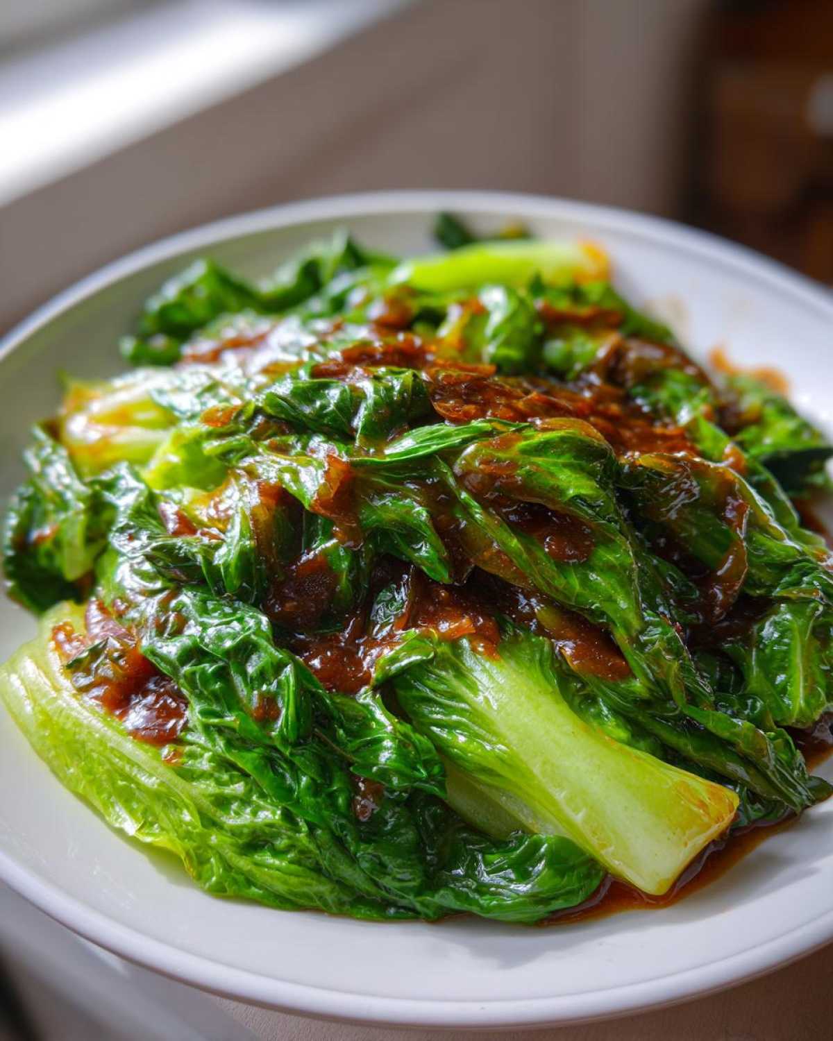 Close-up of vibrant green cabbage stir fry generously coated in a rich garlic ginger sauce.