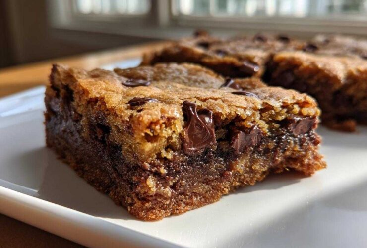 A close-up, tempting shot of a thick, chewy chocolate chip cookie bar showing melted chocolate chunks.