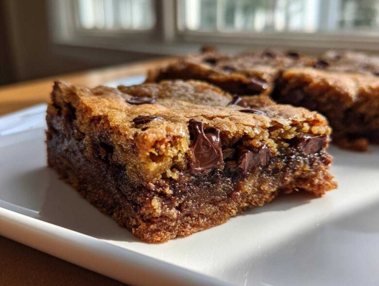 A close-up, tempting shot of a thick, chewy chocolate chip cookie bar showing melted chocolate chunks.