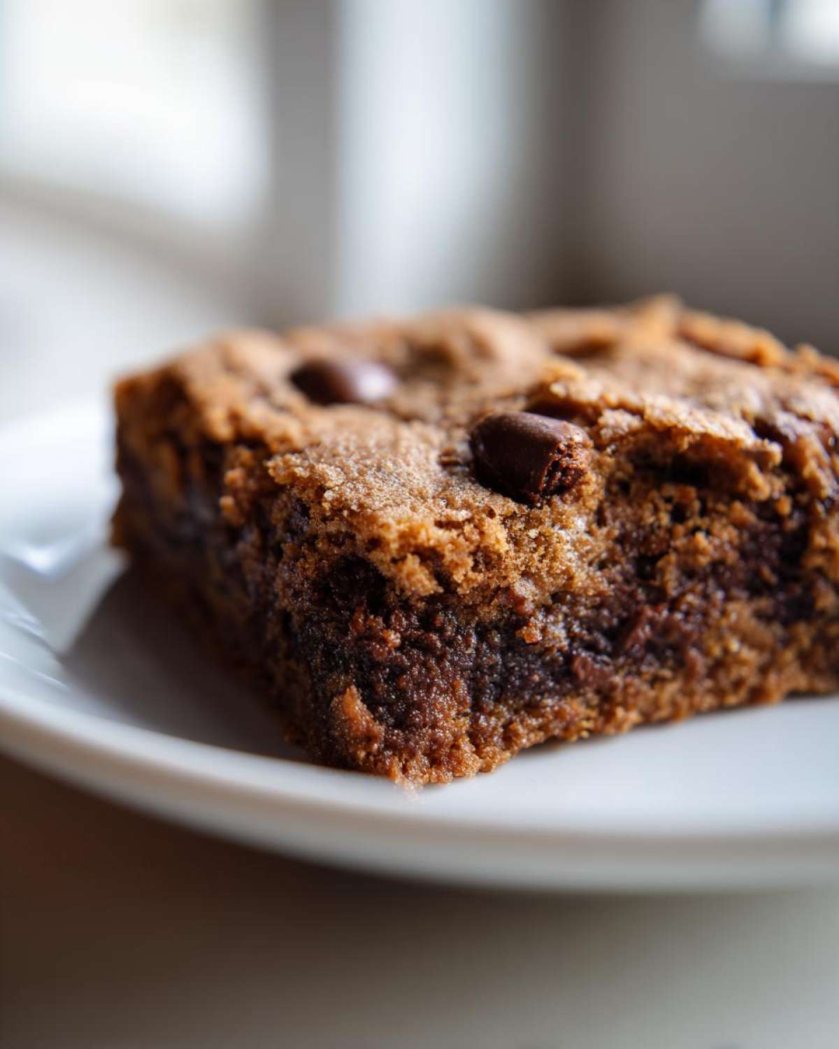 A close-up, macro shot of a single, thick slice of Chewy Chocolate Chip Cookie Bars on a white plate.