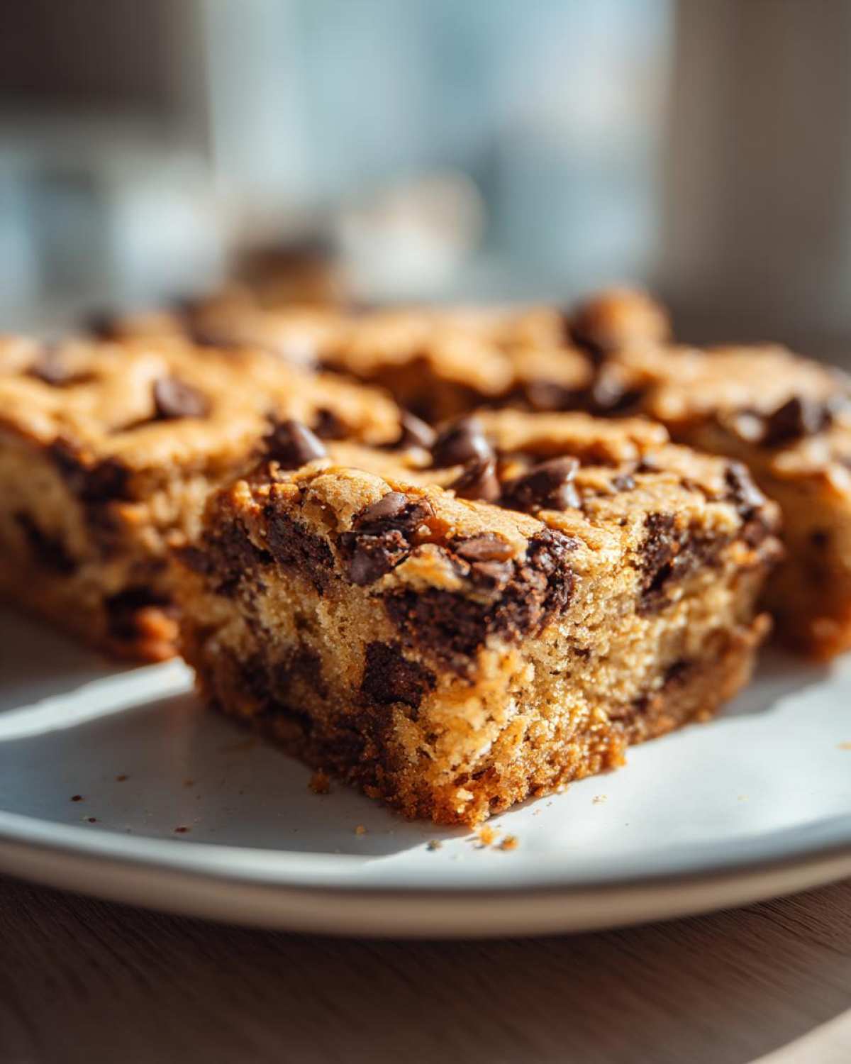 A close-up, sunlit shot of a thick, chewy chocolate chip cookie bars slice on a white plate.