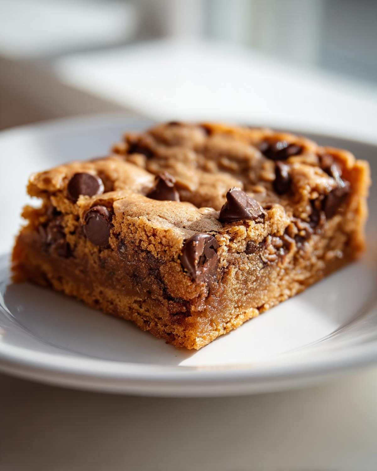A single, thick slice of Chewy Chocolate Chip Cookie Bars resting on a white plate.