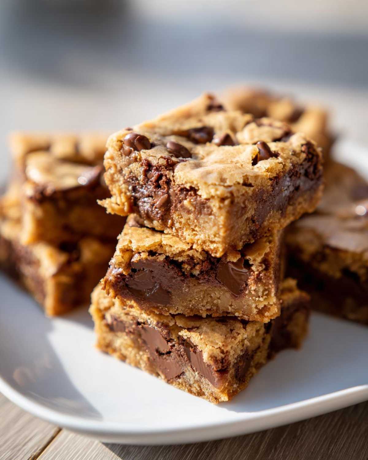A stack of three incredibly chewy chocolate chip cookie bars showing molten chocolate centers.