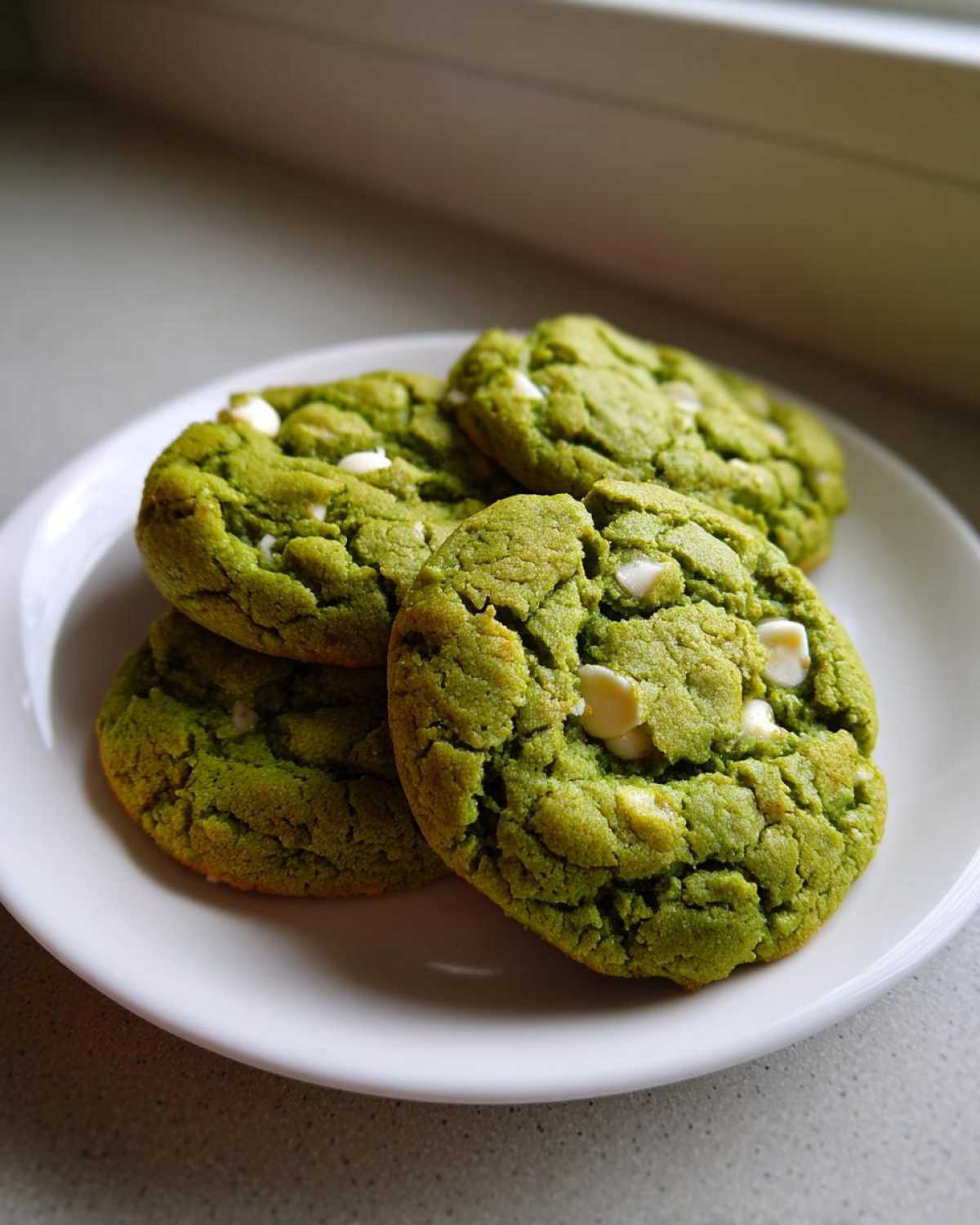 Four vibrant green Chewy Matcha White Chocolate Cookies studded with white chocolate chips, resting on a white plate.
