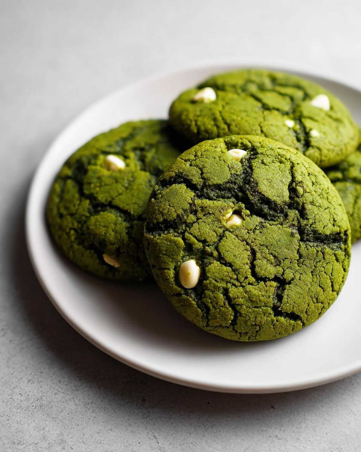 Close-up of several vibrant green Chewy Matcha White Chocolate Cookies with visible white chocolate chips on a white plate.