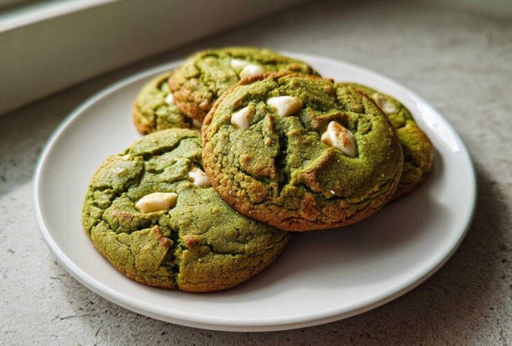Four freshly baked Chewy Matcha White Chocolate Cookies with visible white chocolate chips, resting on a white plate.