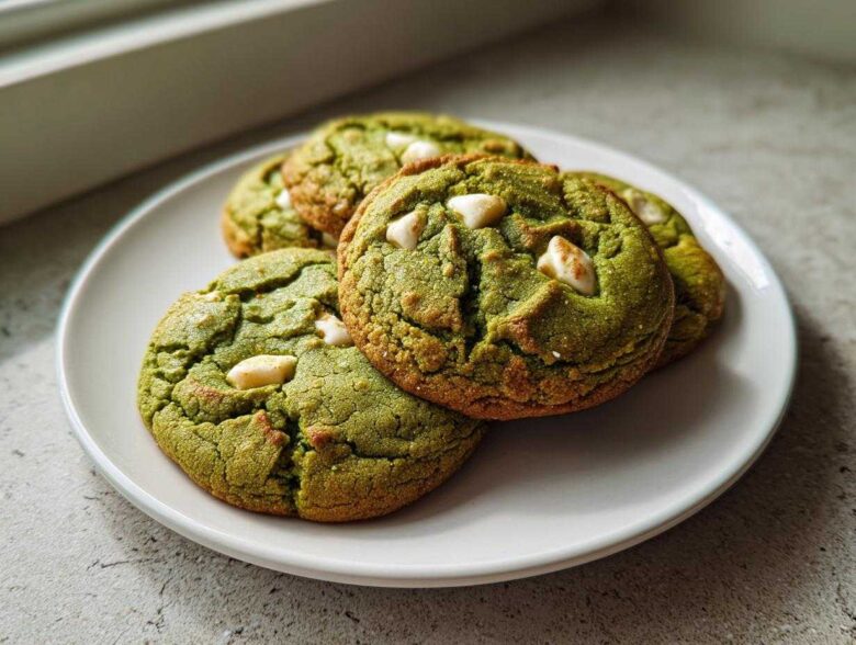 Four freshly baked Chewy Matcha White Chocolate Cookies with visible white chocolate chips, resting on a white plate.