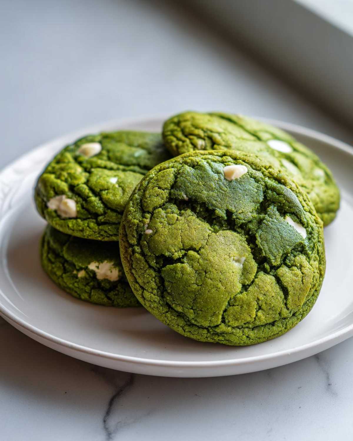 A stack of four vibrant green matcha white chocolate cookies on a white plate.
