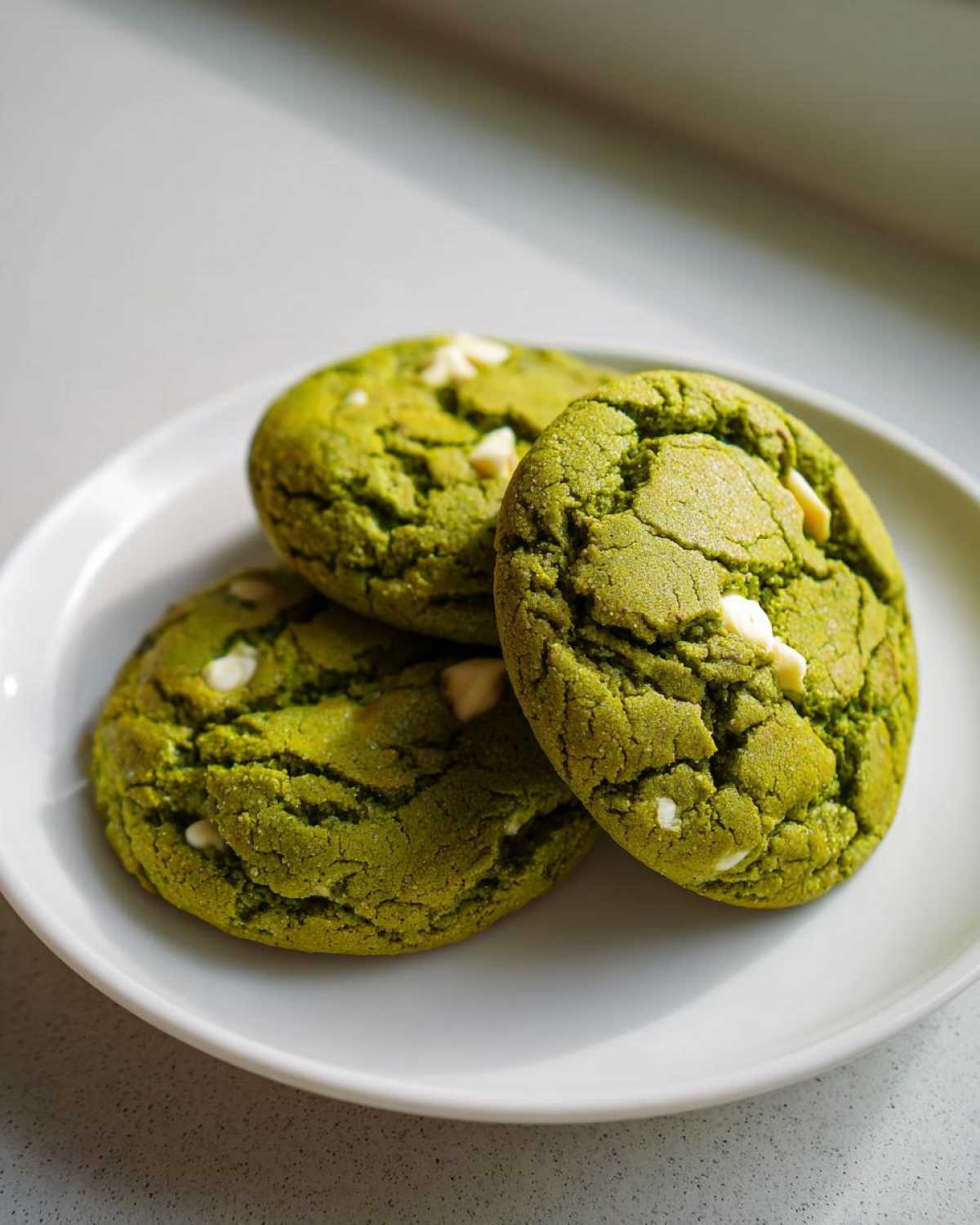 Three perfectly round, chewy matcha white chocolate cookies stacked slightly on a white plate.