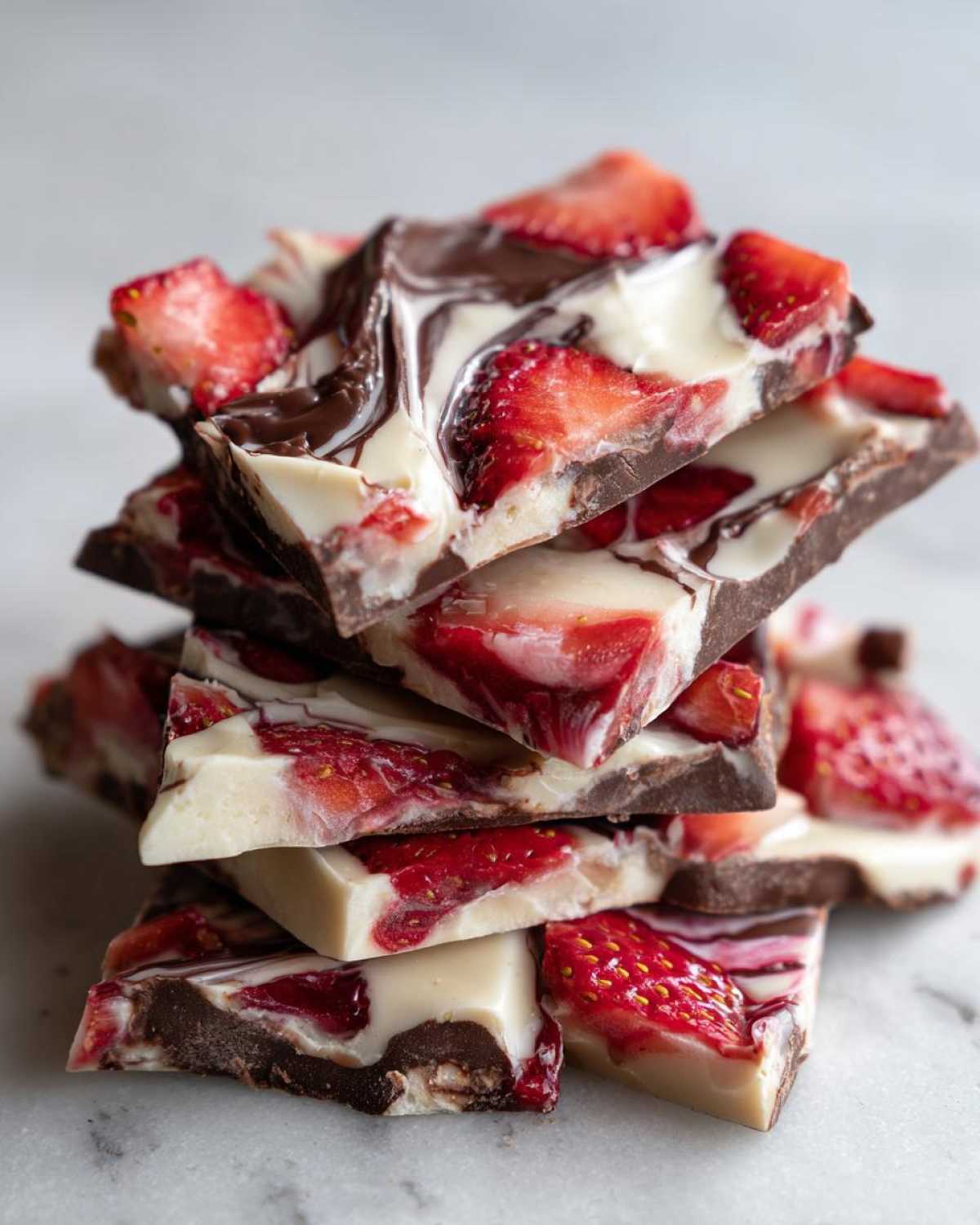 A stack of broken pieces of Chocolate Covered Strawberry Bark featuring dark, white chocolate swirls, and sliced strawberries.