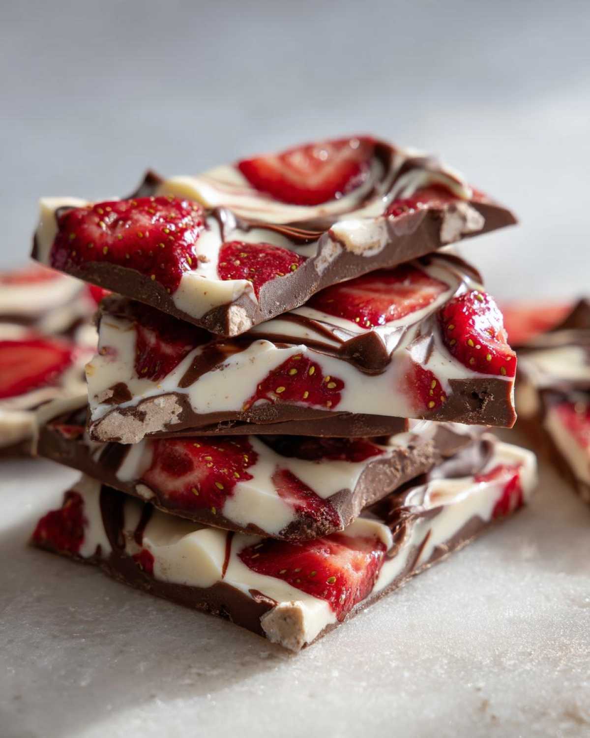Close-up of stacked pieces of Chocolate Covered Strawberry Bark featuring dark chocolate, white chocolate swirls, and fresh strawberry slices.