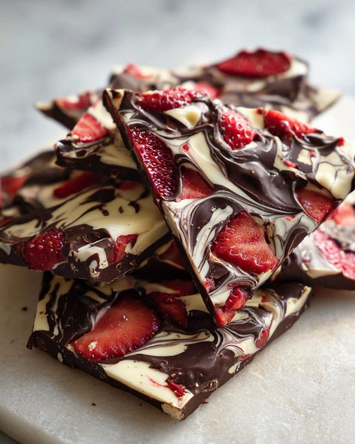 Close-up of stacked pieces of Chocolate Covered Strawberry Bark with dark and white chocolate swirls and fresh strawberries.