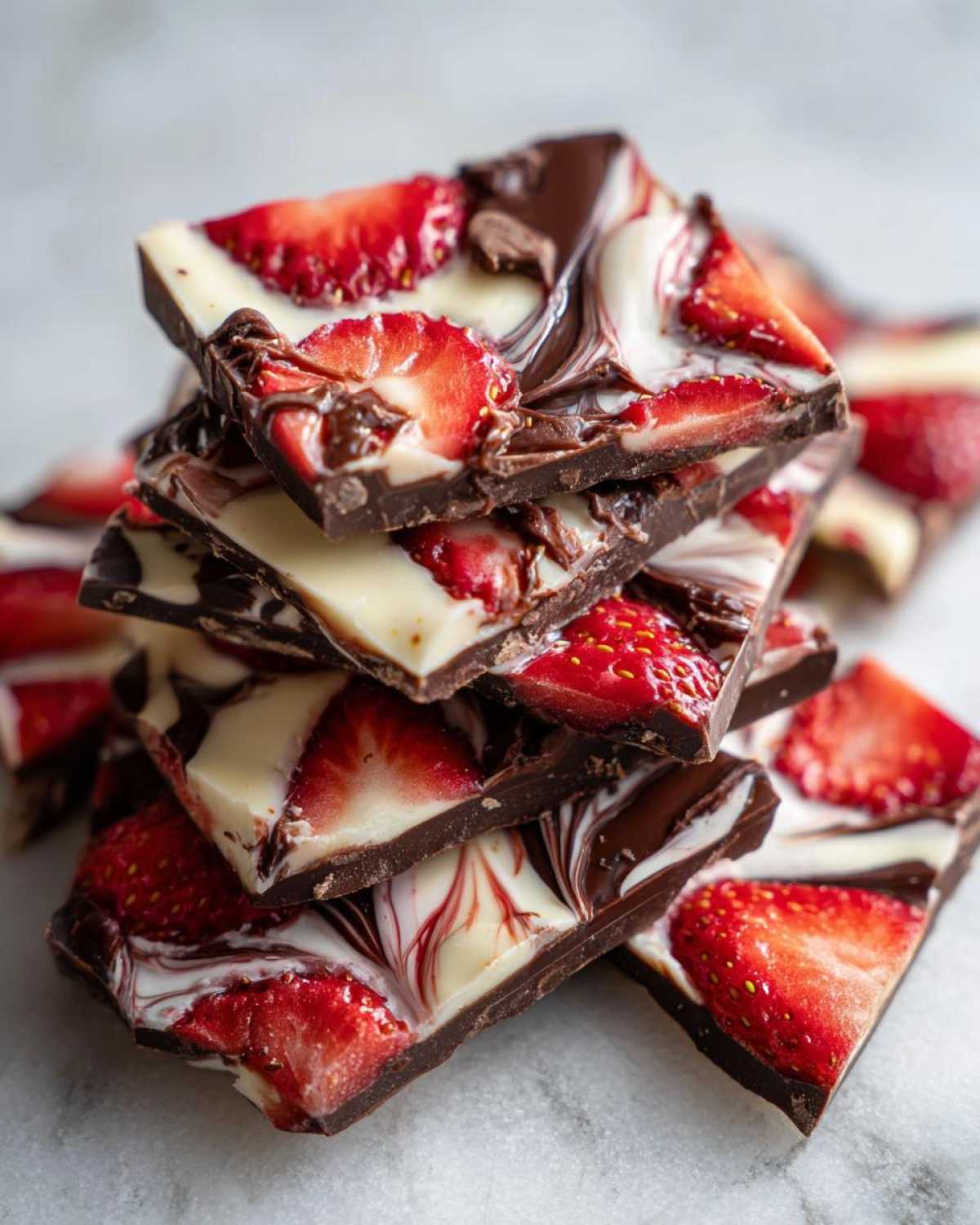 A stack of broken pieces of Chocolate Covered Strawberry Bark featuring dark chocolate, white chocolate swirls, and fresh strawberry slices.