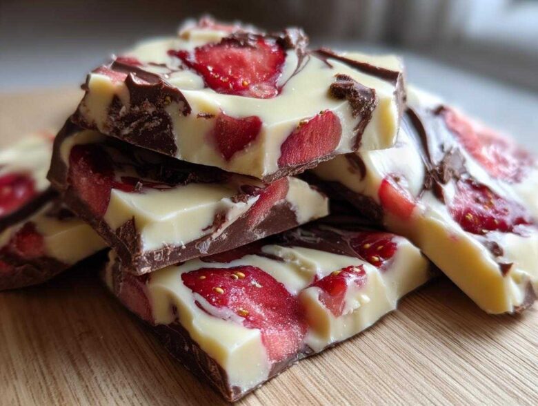 A close-up stack of broken pieces of Chocolate Covered Strawberry Bark featuring white chocolate, dark chocolate swirls, and bright red strawberry slices.