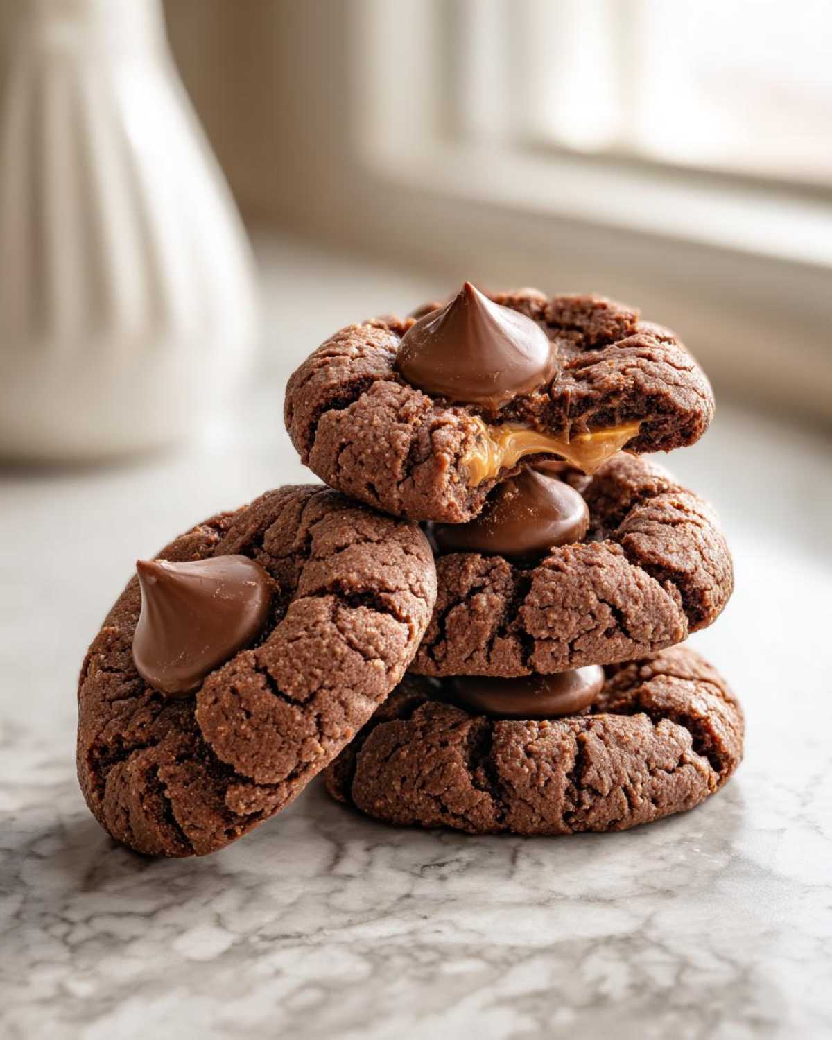A stack of rich, crinkled Peanut Butter Blossom Cookies topped with chocolate kisses, one cookie showing a gooey peanut butter center.
