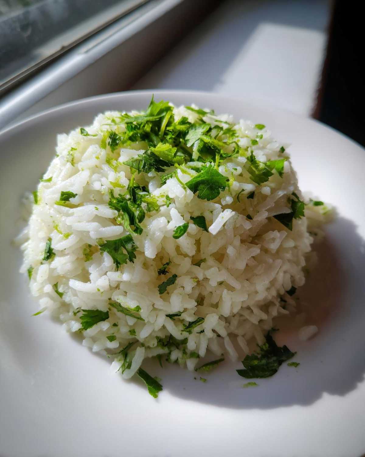 A perfectly molded serving of white Cilantro Lime Rice topped generously with fresh chopped cilantro.
