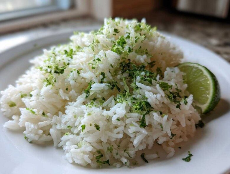 A mound of fluffy white Cilantro Lime Rice topped with fresh lime zest and chopped cilantro, served with a lime wedge.