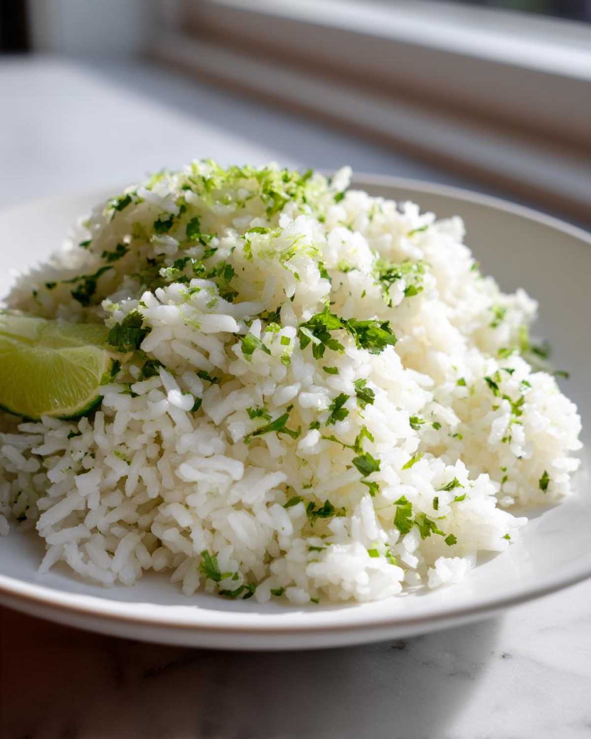 A mound of fluffy Cilantro Lime Rice topped with fresh lime zest and chopped cilantro, served with a lime wedge.