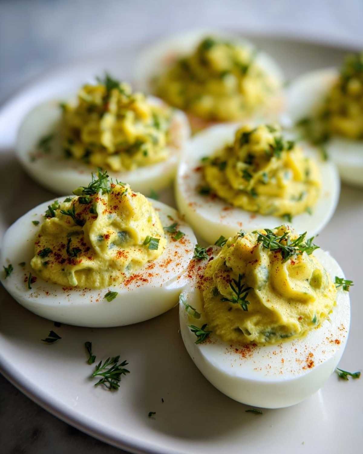 Close-up of Classic Deviled Eggs with Dill Pickle Relish, piped filling topped with fresh herbs and paprika.
