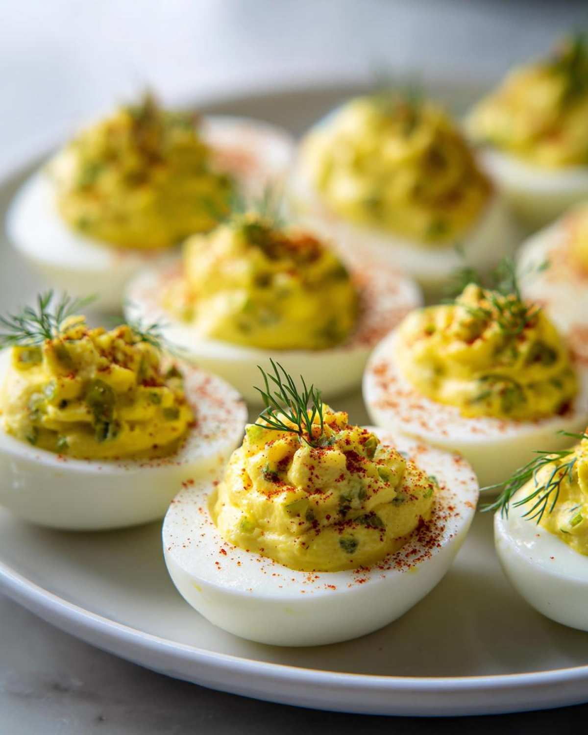 Close-up of several Classic Deviled Eggs with Dill Pickle Relish, garnished with paprika and fresh dill.