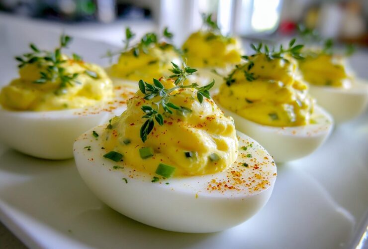 Close-up of perfectly piped Classic Deviled Eggs with Dill Pickle Relish, garnished with fresh thyme.