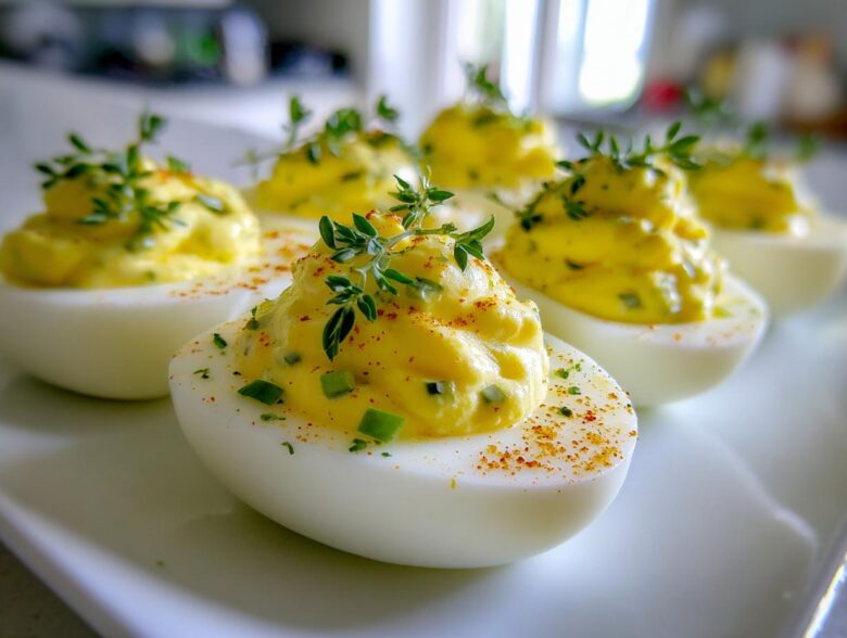 Close-up of perfectly piped Classic Deviled Eggs with Dill Pickle Relish, garnished with fresh thyme.