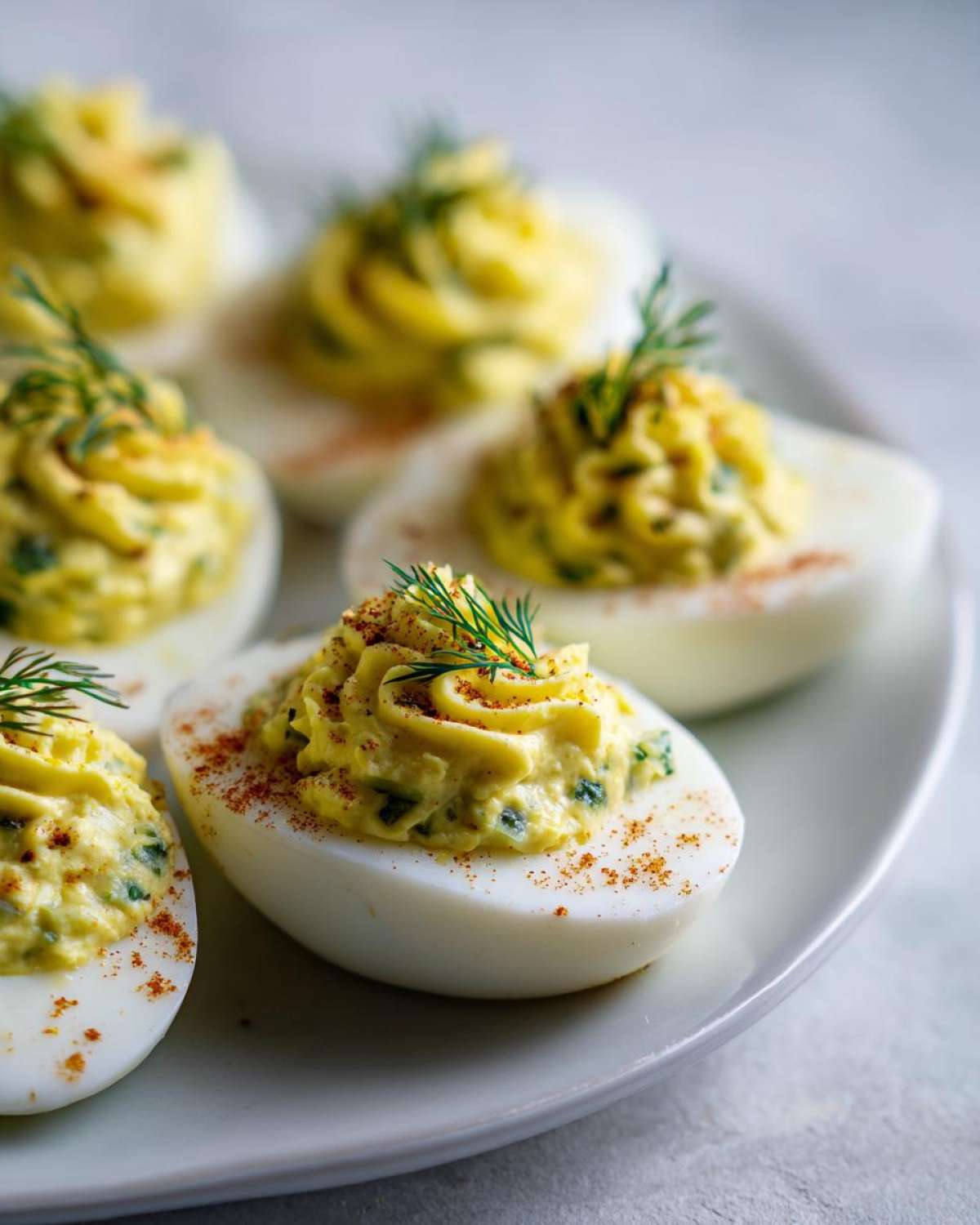 Close-up of piped Classic Deviled Eggs with Dill Pickle Relish, garnished with dill and paprika.