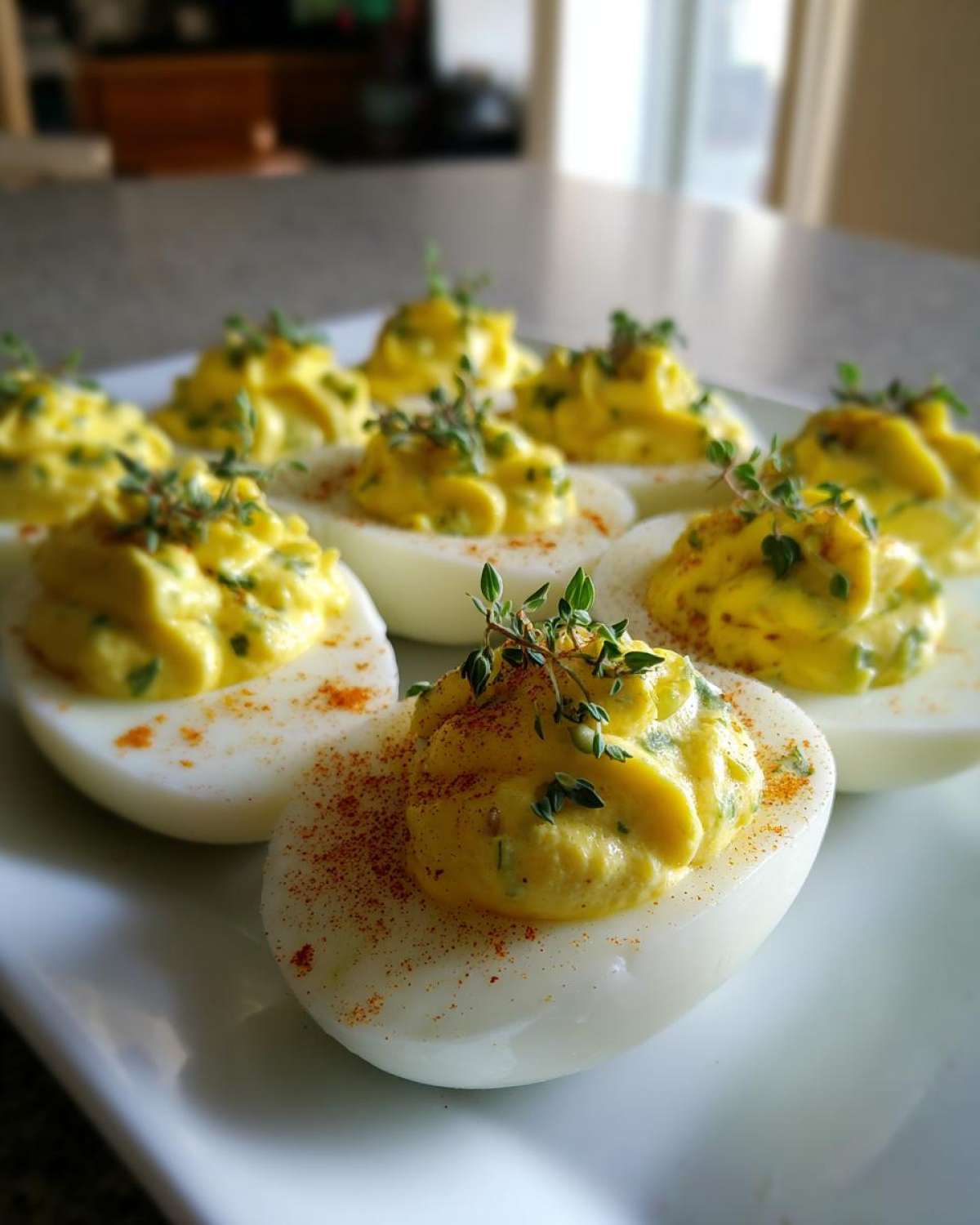 A close-up of several Classic Deviled Eggs with Dill Pickle Relish, garnished with paprika and fresh thyme sprigs.