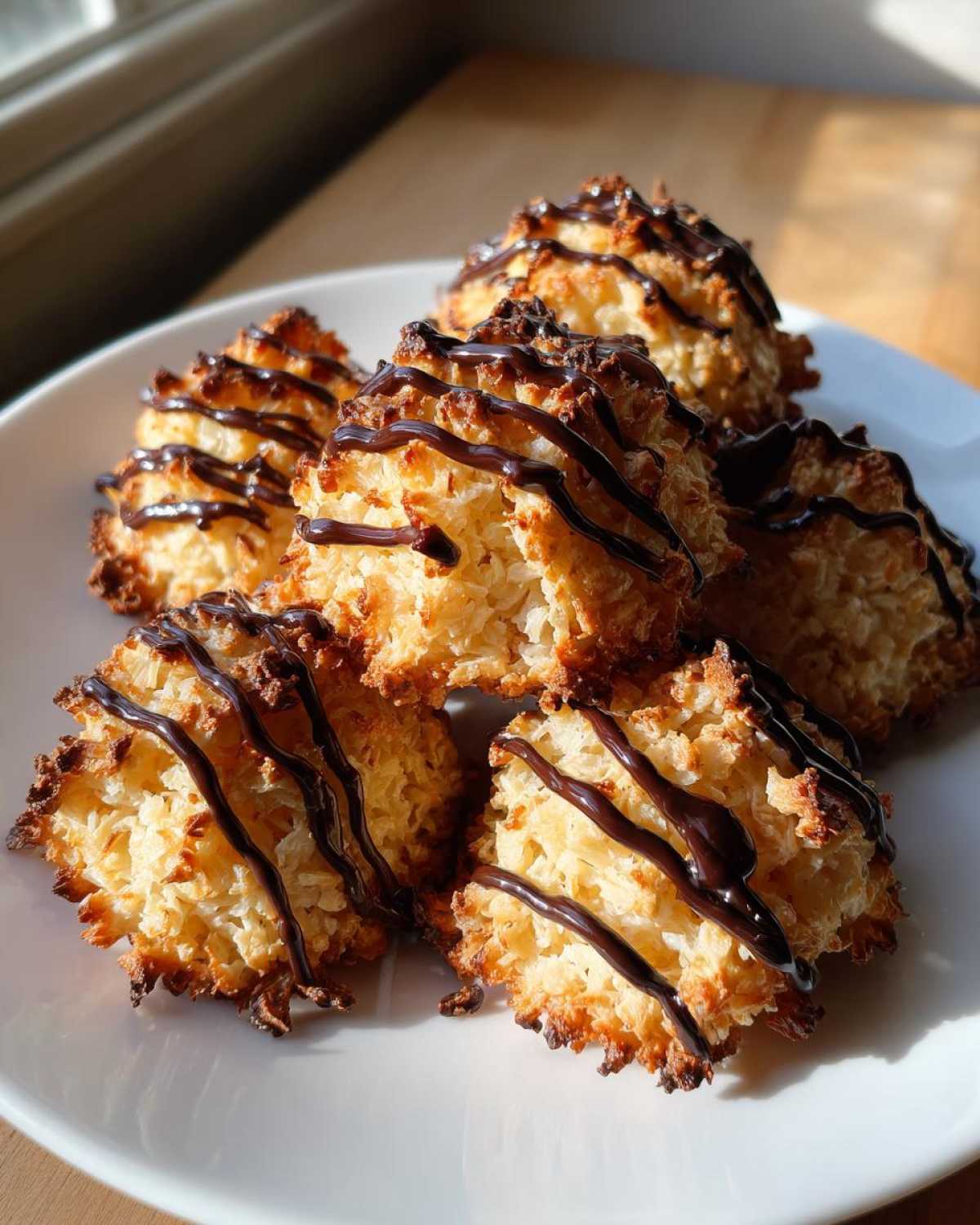 A plate of freshly baked Coconut Macaroons with Dark Chocolate Drizzle, golden brown and glistening.