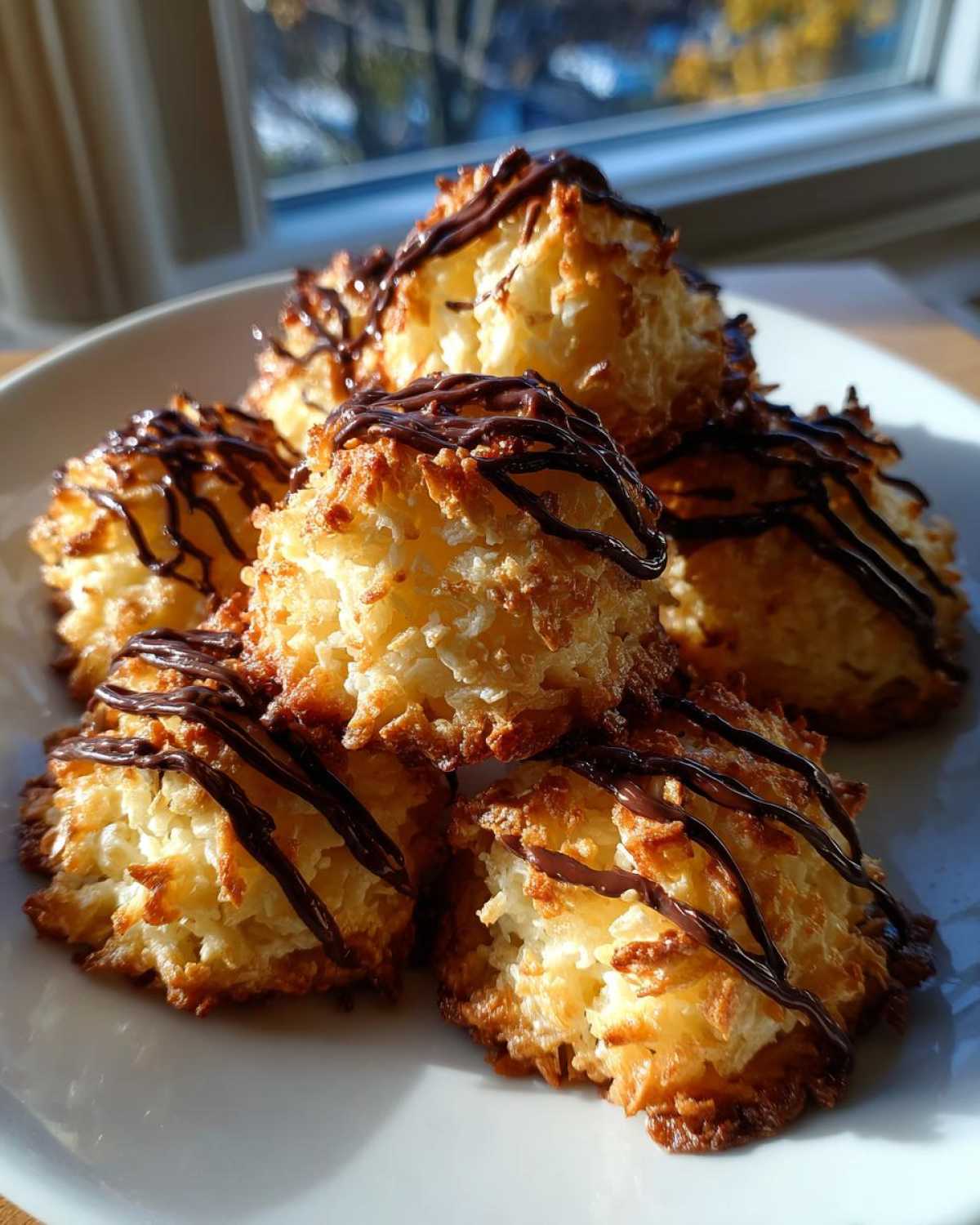 A stack of golden brown Coconut Macaroons with Dark Chocolate Drizzle piled on a white plate.
