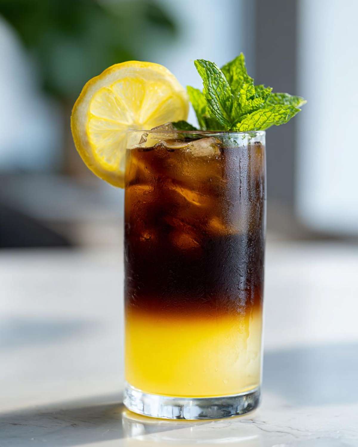 A tall glass showing distinct layers of bright yellow lemonade and dark cold brew coffee, garnished with a lemon slice and mint for Cold Brew Lemonade.