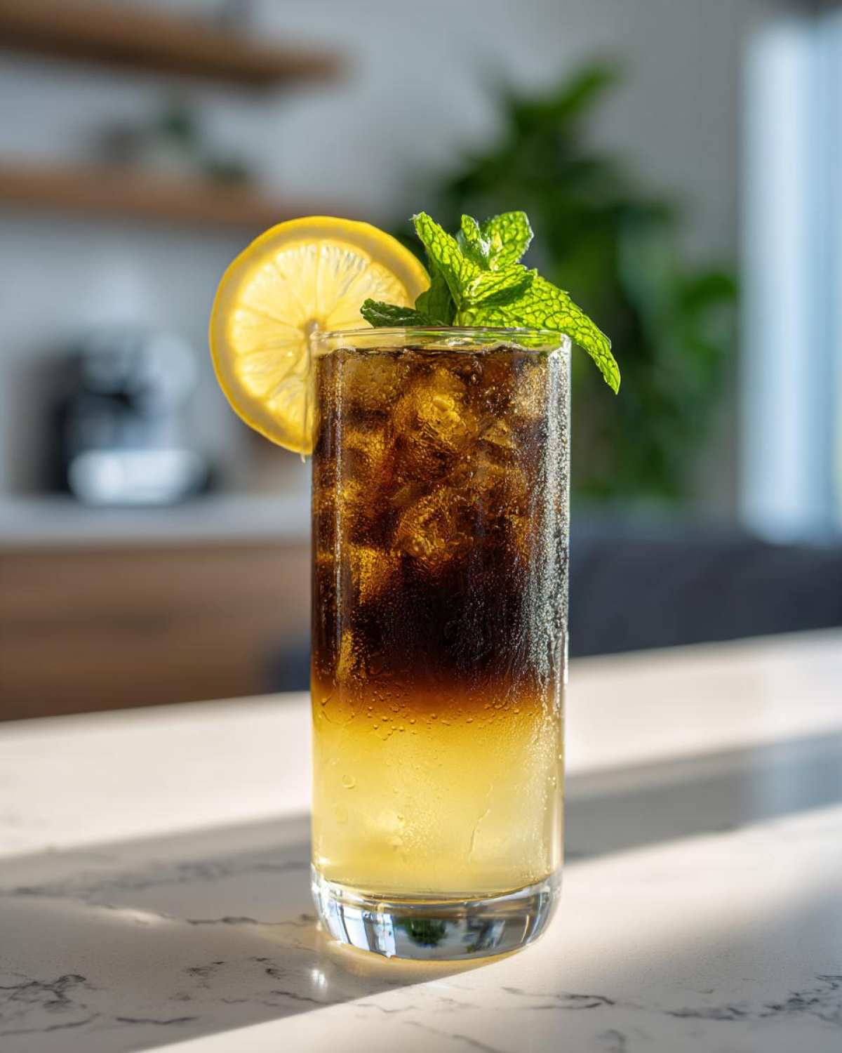 Tall glass of layered Cold Brew Lemonade with ice, garnished with a lemon slice and mint sprig.