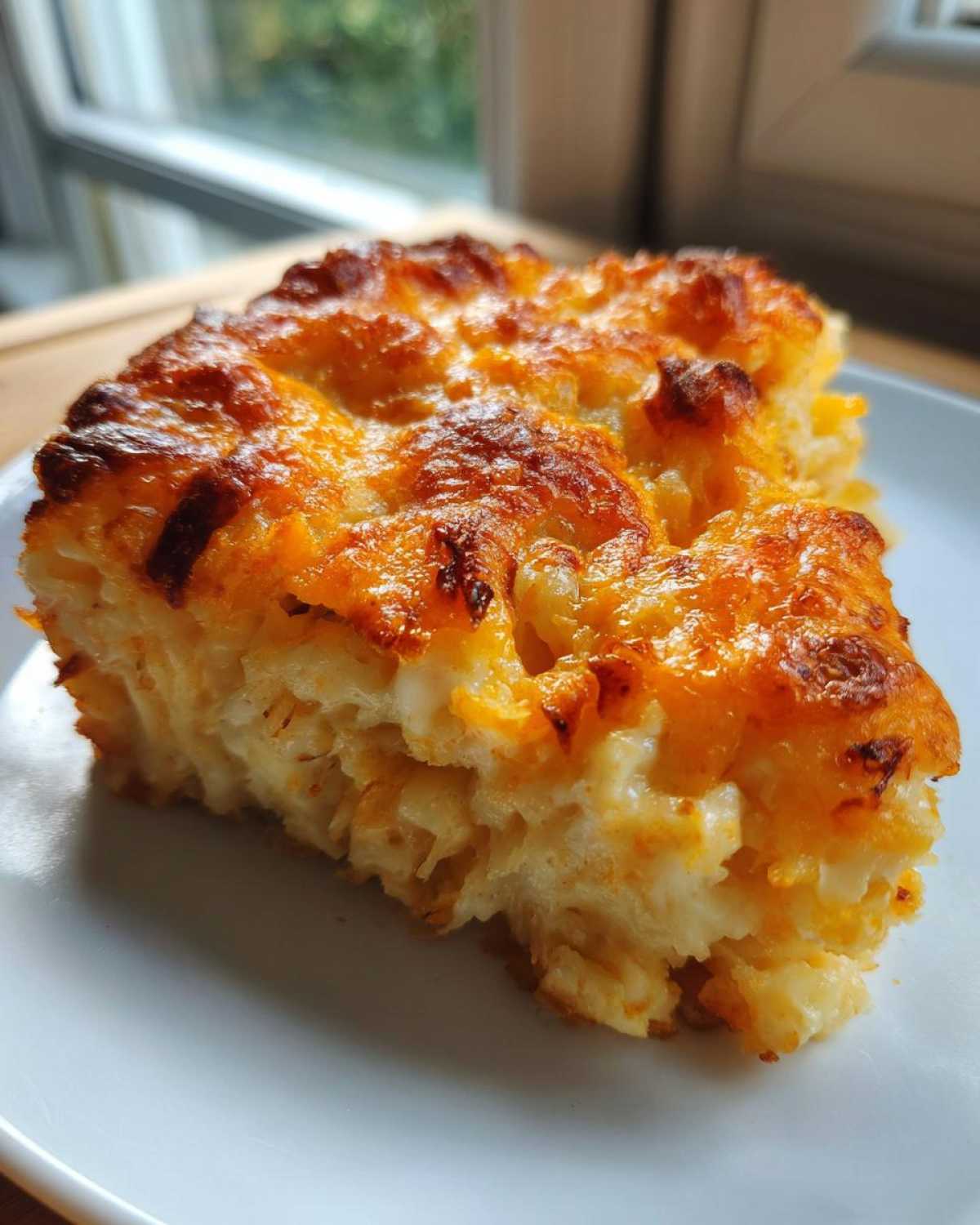 Close-up of a serving of Copycat Cracker Barrel Hashbrown Casserole with a golden, cheesy, baked top.
