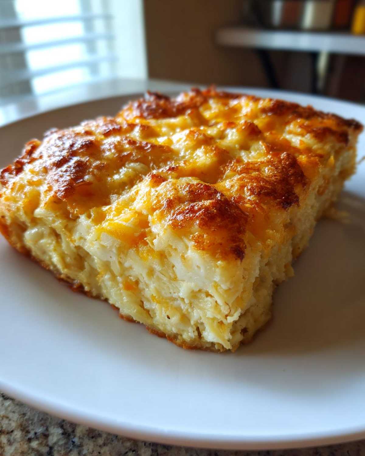 A close-up of a square slice of golden-brown Copycat Cracker Barrel Hashbrown Casserole on a white plate.