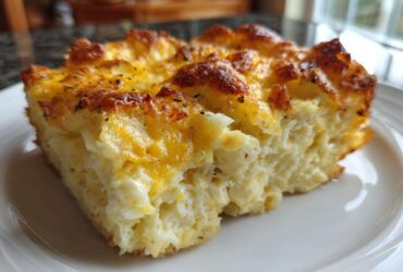 Close-up of a fluffy slice of Copycat Cracker Barrel Hashbrown Casserole with a golden, cheesy crust.