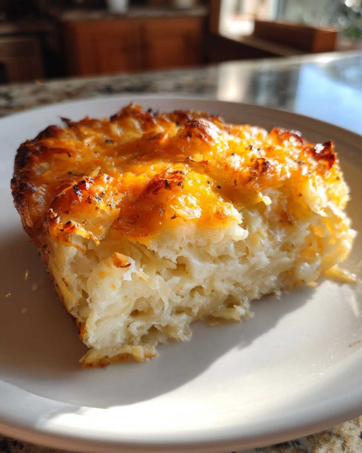 A close-up of a cheesy, baked slice of Copycat Cracker Barrel Hashbrown Casserole on a white plate.