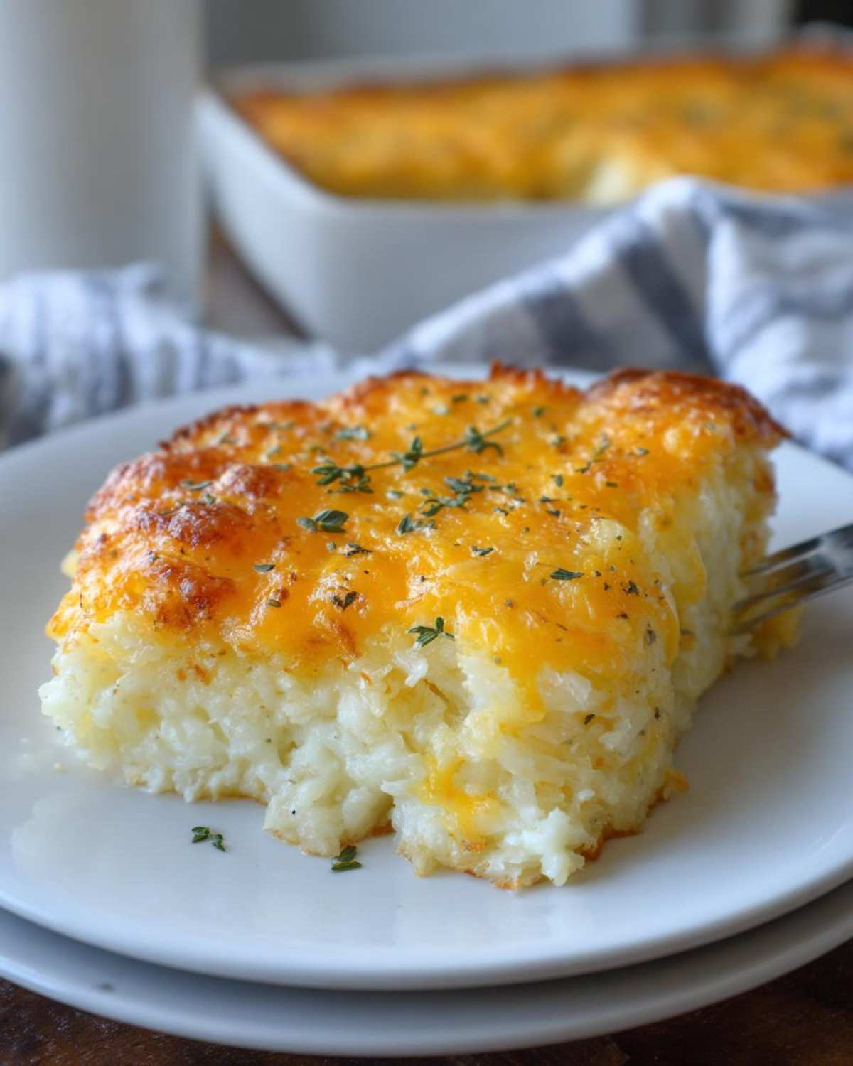 A serving of Copycat Cracker Barrel Hashbrown Casserole topped with melted cheddar cheese and fresh thyme.
