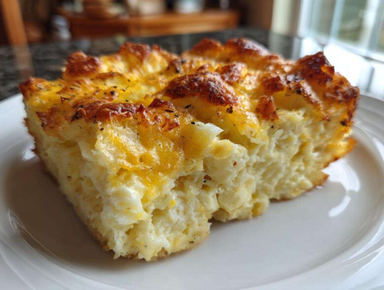 Close-up of a fluffy slice of Copycat Cracker Barrel Hashbrown Casserole with a golden, cheesy crust.