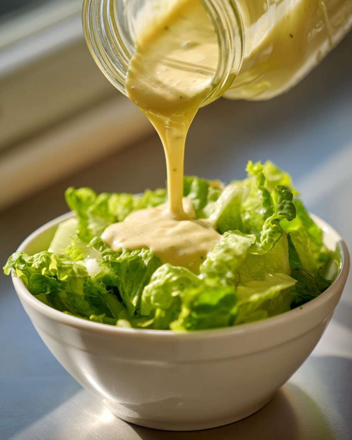 Thick, creamy Copycat Olive Garden Salad Dressing being poured from a jar onto fresh romaine lettuce in a white bowl.