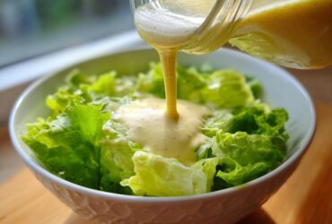 Pouring creamy Copycat Olive Garden Salad Dressing over crisp green lettuce in a white bowl.