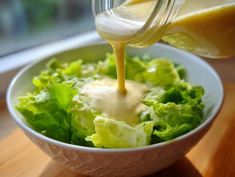 Pouring creamy Copycat Olive Garden Salad Dressing over crisp green lettuce in a white bowl.
