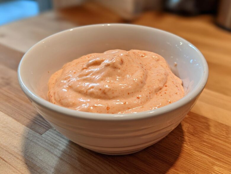 A white bowl filled with creamy, orange-tinted Copycat Raising Cane’s Sauce, resting on a wooden cutting board.
