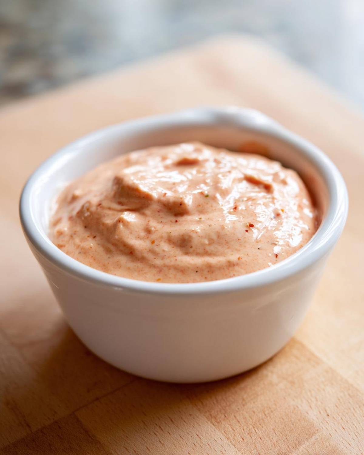 A close-up of thick, creamy, orange-pink Copycat Raising Cane’s Sauce served in a small white ramekin on a wooden cutting board.