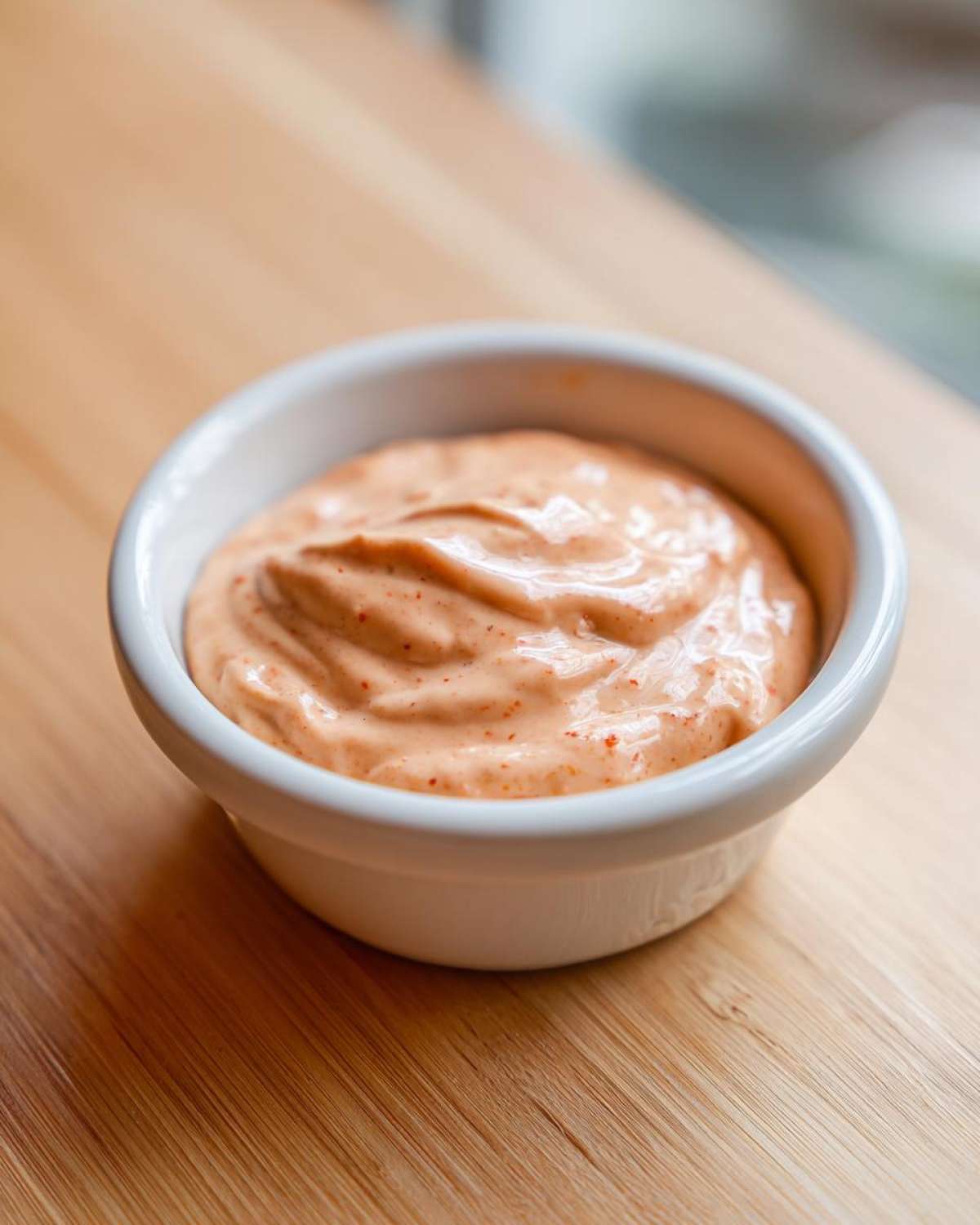 A small white ramekin filled with thick, creamy, orange-hued Copycat Raising Cane’s Sauce, resting on a wooden surface.