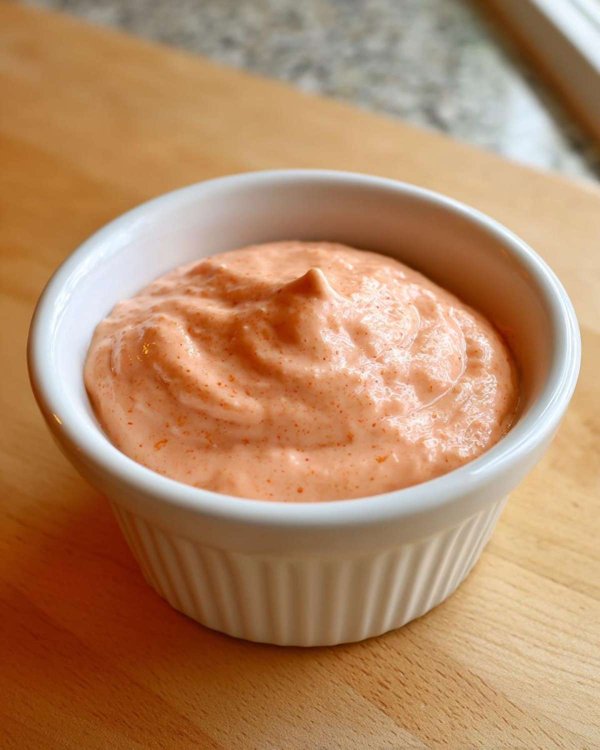 Close-up of creamy, orange-tinted Copycat Raising Cane’s Sauce served in a small white ramekin.