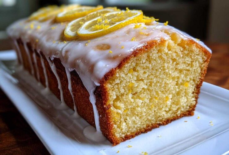 A moist loaf of Copycat Starbucks Iced Lemon Loaf, drizzled with thick white icing and topped with lemon slices.